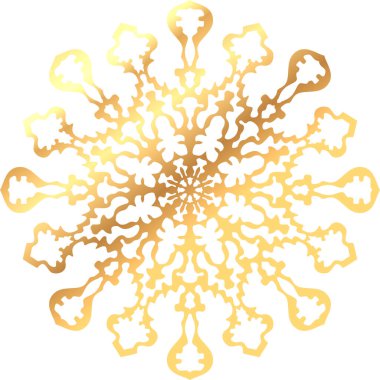 Oyulmuş kar tanesi. Klasik altın yaldızlı folyo kar tanesi. Parlak Noel dekorasyonu. Yeni yıl kartı ve davetiyesi için lüks öğe. Zarif kar kristali. Vektör illüstrasyonu, EPS 10.