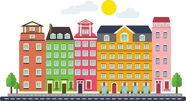 Casas residenciais planas coloridas em fundo branco — Vetor de Stock
