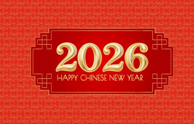 2026 Mutlu Çin Yeni Yıl kartları. Kırmızı altın ay takvim şablonu. Asya geometrik çizgisi sanat arka planı. Geleneksel süslemeli bg. En iyi karşılama bayrağı. Vektör illüstrasyonu, EPS 10.