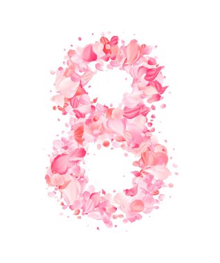 Sekiz numaralı gül yaprağı. 8 Mart bayram kartı. Bahar davetiyesi. Reklam için dekorasyon, moda sosyal medya. Vektör illüstrasyonu EPS 10.