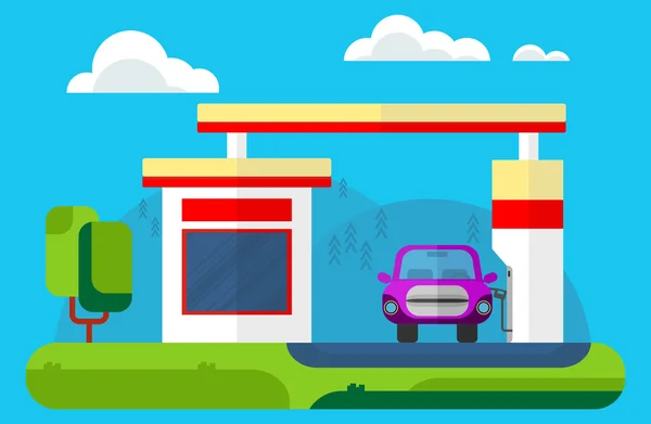 El coche en una gasolinera. Paisaje exterior. Vector dibujos animados planos — Vector de stock