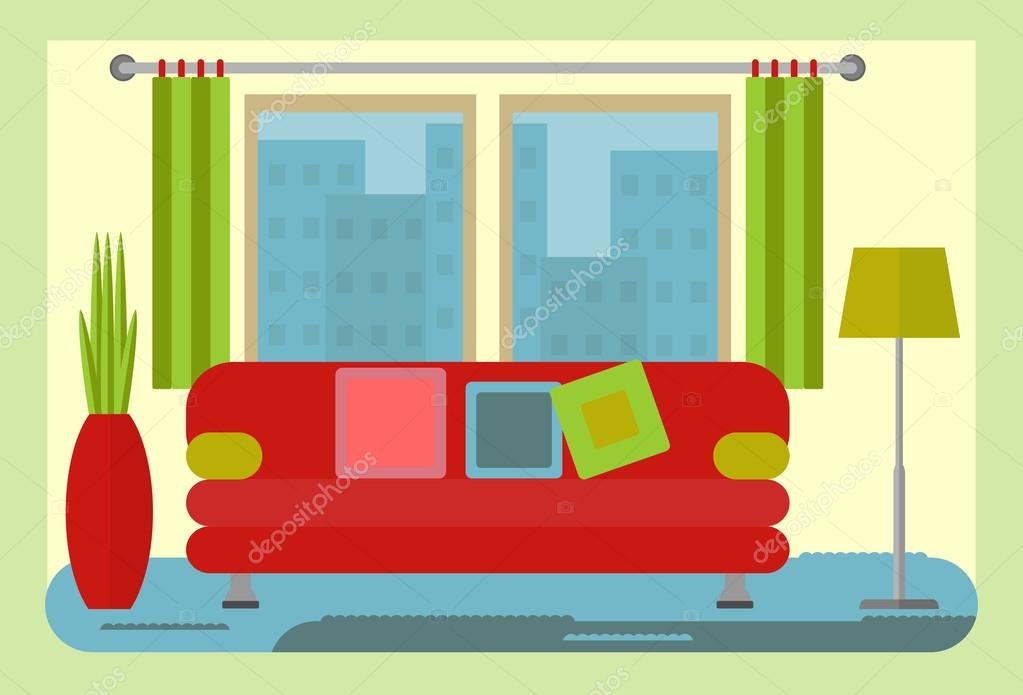 Yellow Walls Living Room Interior With Red Sofa And Green Lamp Stock Vector Image By Quarta 88721970 Red Sofa And Green Lamp Stock Vector, Red Sofa Yellow Walls