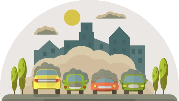 Автомобілі забруднюють навколишнє середовище. Дим з автомобілів покриває будинок — стоковий вектор
