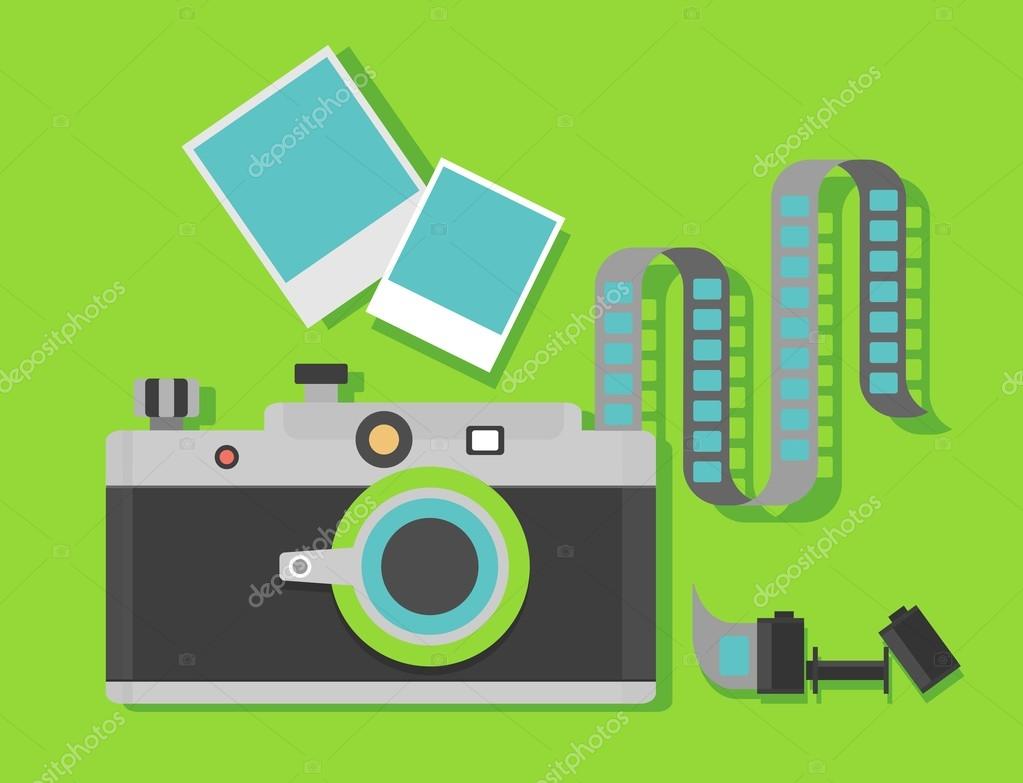 Camera with film with the film reel on a green background. Objects isolated on background. Flat vector illustration.