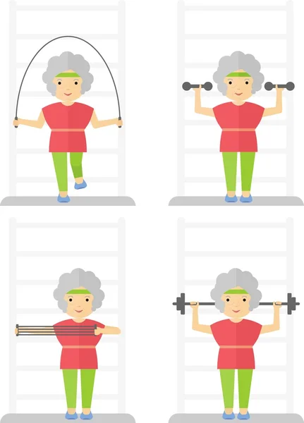 Olahraga wanita yang lebih tua latihan gym - Stok Vektor