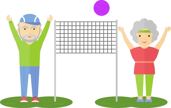 Pareja de ancianos jugando voleibol — Vector de stock