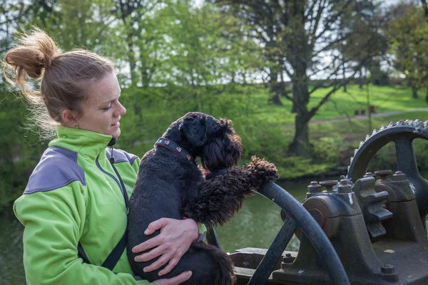 Een mooie jonge vrouw met haar zwarte schnauzer — Stockfoto