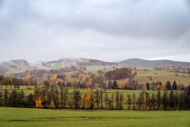 Sonbahar kırsal manzarası köy, ağaçlar ve tarlalar manzaralı