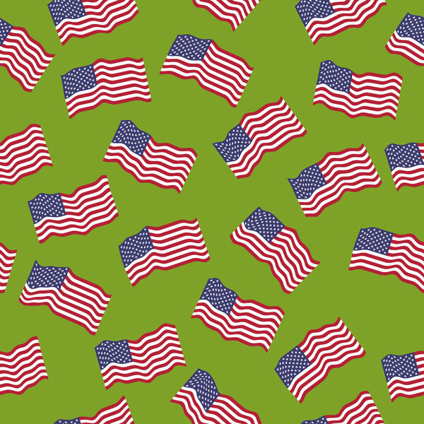 Vector seamless pattern: American flags on a green background.