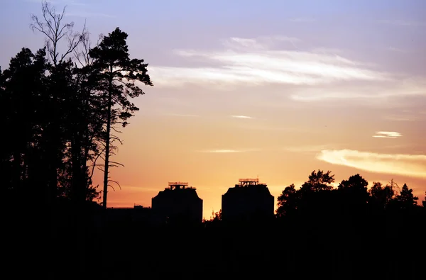 Oranje Zonsondergang Twee Contourhuizen Door Bomen — Stockfoto