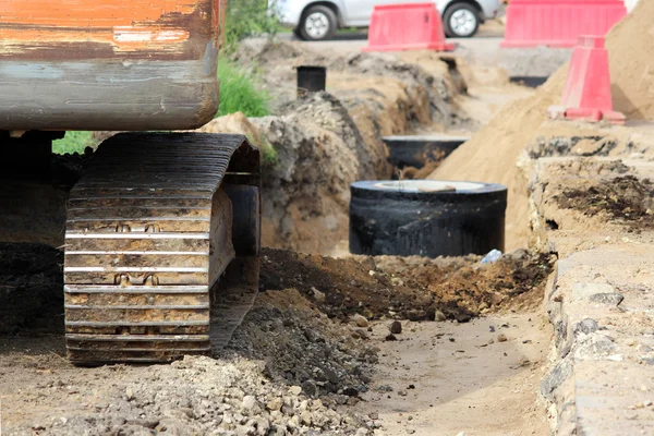 Two Storm Drains Repair Work Road Leningrad Region Tracked Excavator — Stock Photo, Image