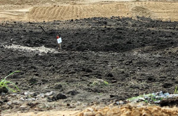 用泥土挖掘机挖出的铺满泥炭的地块 为公路的建设作准备 预计该地区将种植草并建立一个安全的岛屿 — 图库照片