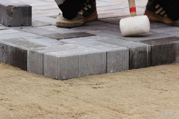 Laying Paving Slabs City Square Repairing Sidewalk — Stock Photo, Image
