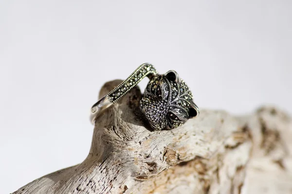 Anillo Plata Diamante Espinela Negra Forma Cabeza Gato — Foto de Stock