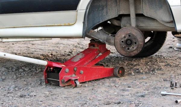 Carro Fixado Garagem Macaco Piso Hidráulico Levantar Carro Roda Sem — Fotografia de Stock