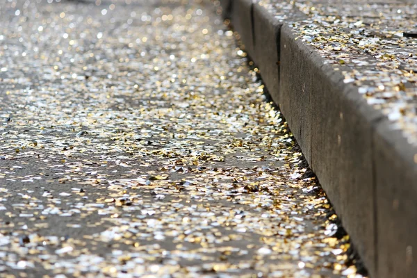 festival background with gold and silver sequins that lie on the pavement and the road and bokeh