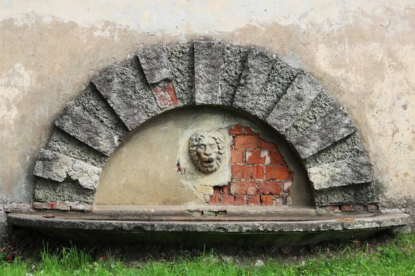 Löwenkopf ragt mit abgefallenem Putz aus Hauswand — Stockfoto