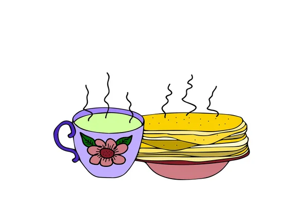 Illustration of a cup of tea and pancakes in the vector — Stock Vector