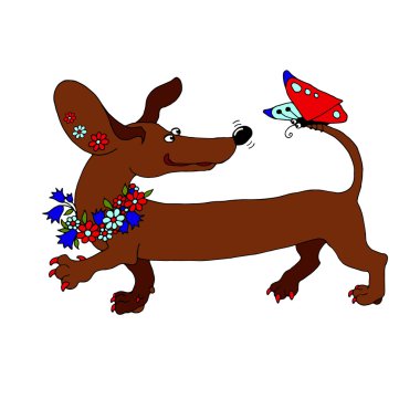 vector image dachshund with a wreath of flowers, which looks at 