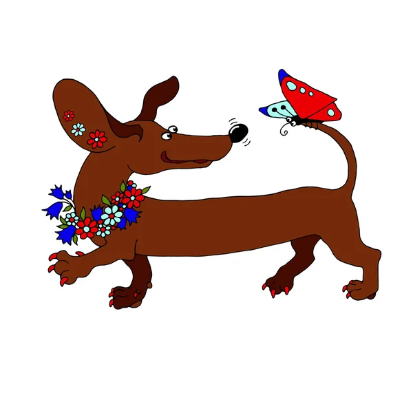 Διανυσματική εικόνα είδος γερμανικού κυνηγετικού σκύλου με ένα στεφάνι από λουλούδια, η οποία εξετάζει — Διανυσματικό Αρχείο