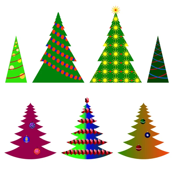 Imagem vetorial sete árvores de Natal com belas bolas e deco —  Vetores de Stock