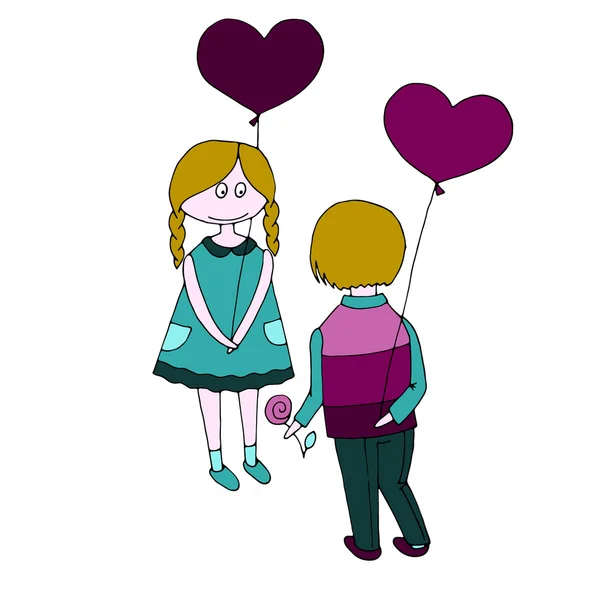 Vector ilustración imagen niño y niña con globos en forma de corazones sobre un fondo blanco — Archivo Imágenes Vectoriales