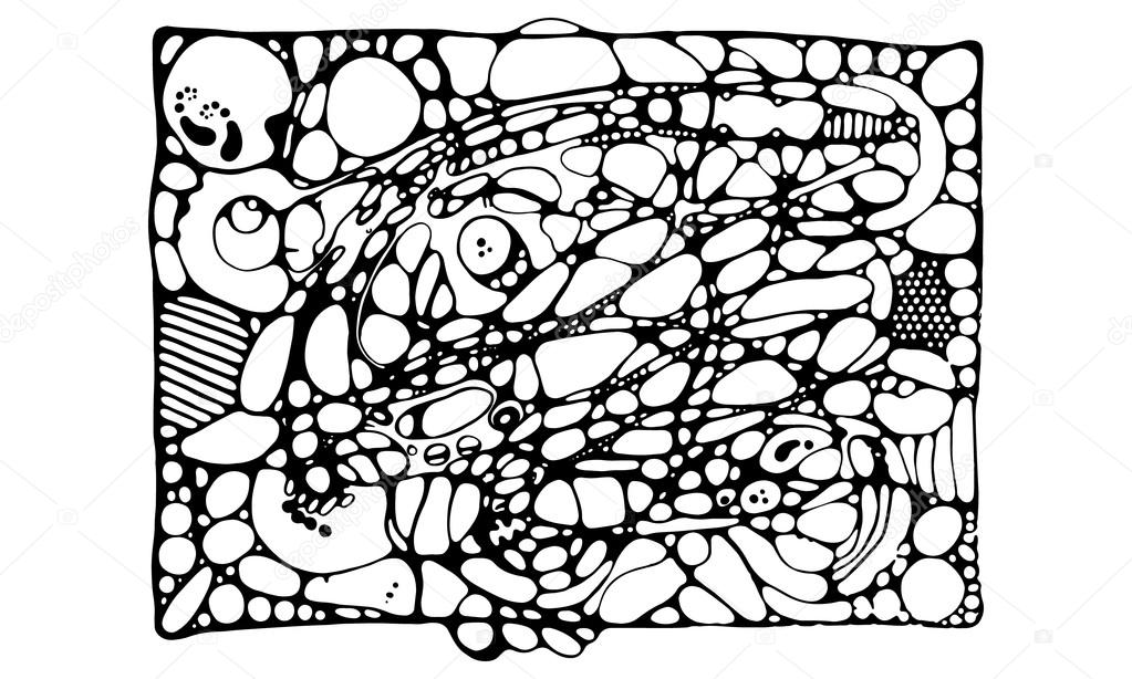 neyrografika: black and white outline drawing showing the relationship of man and the universe.