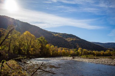 Dağ tepeleri, yeşil ormanlar ve bulutlu gökyüzü
