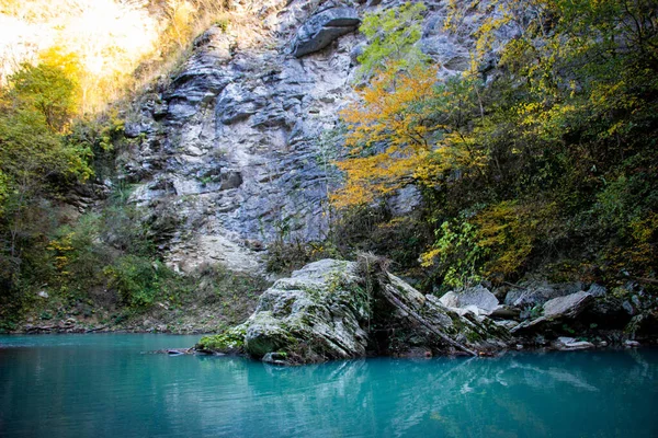 Блакитна Річкова Вода Сірі Гори Зеленими Лісами — стокове фото