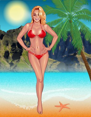  Kırmızı bikini plaj beautifil genç kadın