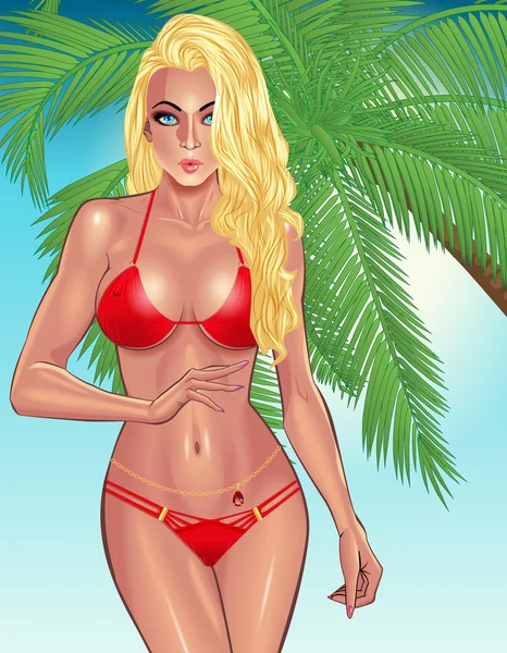 Bella giovane donna in bikini rosso sulla spiaggia — Vettoriale Stock