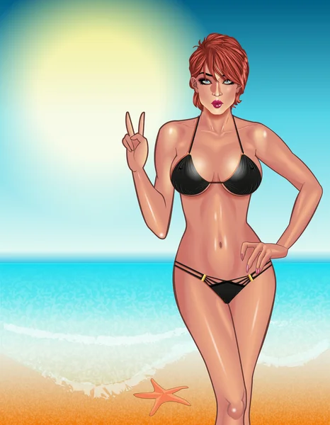 Hermosa joven en bikini negro en la playa — Vector de stock