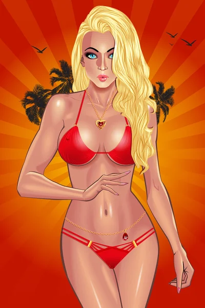 Hermosa joven en bikini rojo en la playa — Vector de stock