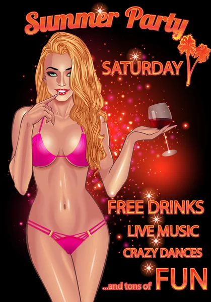 Gorgeous young woman in purple bikini party flyer — Stock Vector