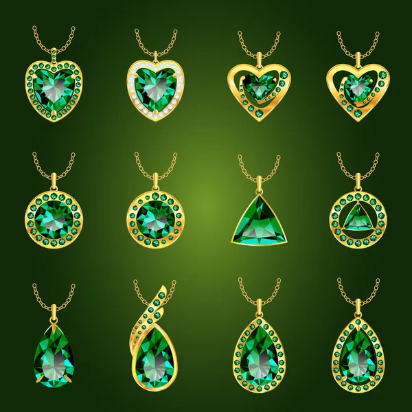 Set of green emerald pendants — Stock Vector