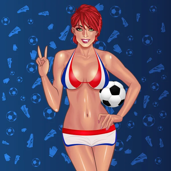 Bella dama en el fútbol fondo azul — Vector de stock