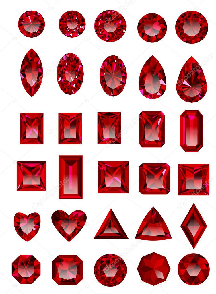 Set of red rubies isolated on white background. Set of realistic jewels. Colorful gemstones. Jewel cuts. Jewel icon. Jewel vector. Jewel sign. Jewel art. Jewel logo. Jewel web icon. Jewel EPS.