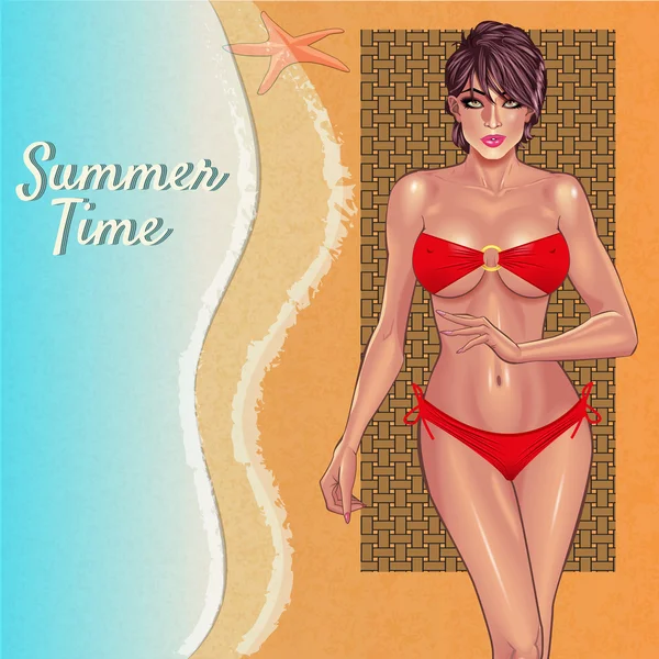 Vacker ung kvinna i röd bikini på stranden — Stock vektor