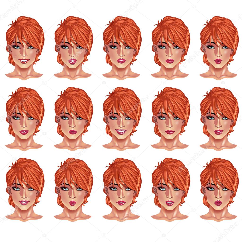 Set of beautiful red haired woman portraits with different lips and face expressions from smiling to serious. Use for avatars, logos, game characters, icons, signs, products, web decor or other design