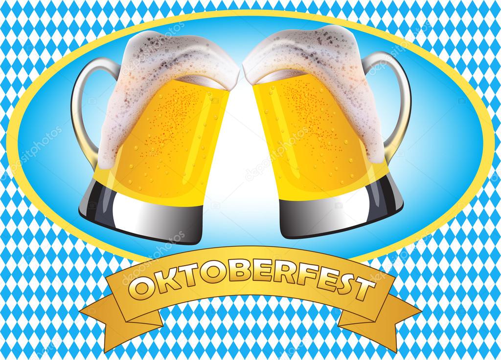 Oktoberfest poster design. Two misted mugs of golden beer clashing together on traditional oktoberfest pattern.