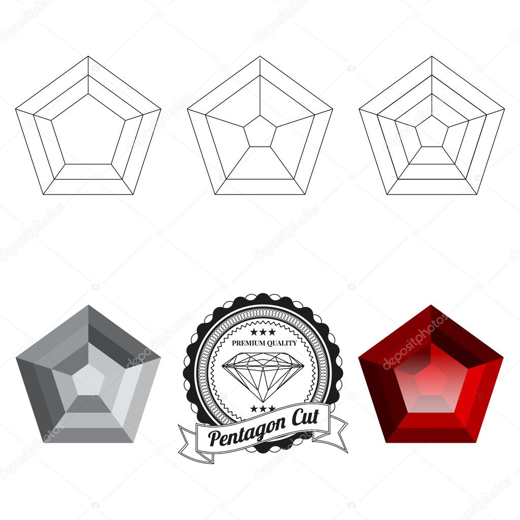 Set of pentagon cut jewel views isolated on white background - top view, bottom view, realistic ruby, realistic diamond and badge. Can be used as part of logo, icon, web decor or other design.