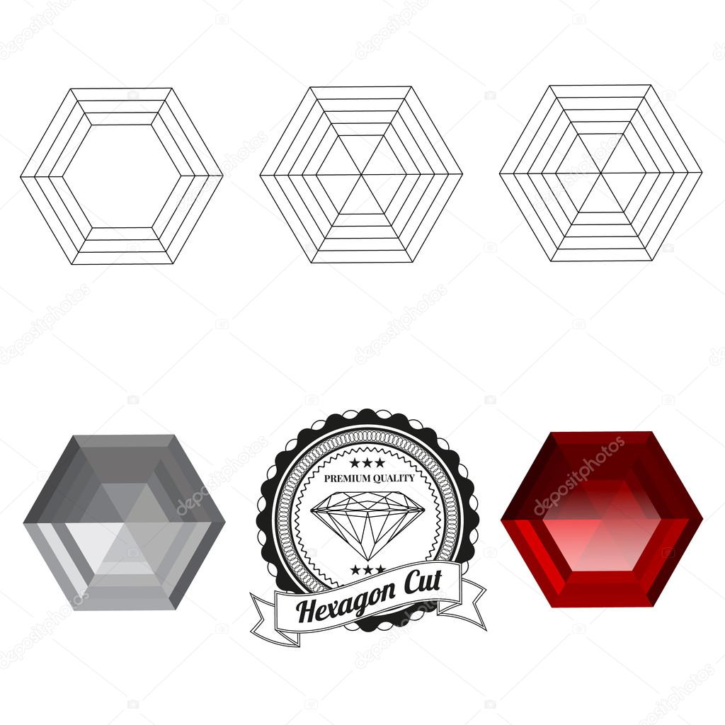 Set of hexagon cut jewel views isolated on white background - top view, bottom view, realistic ruby, realistic diamond and badge. Can be used as part of logo, icon, web decor or other design.