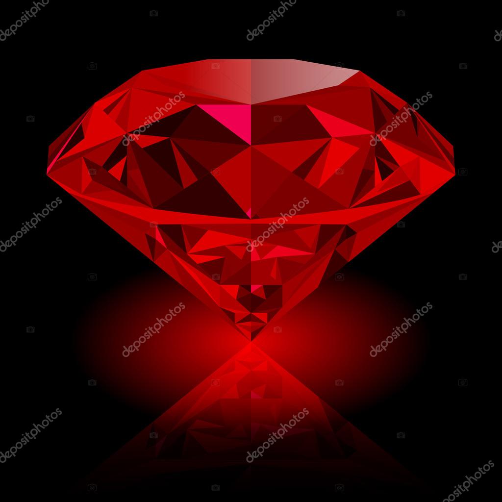 Realistic red ruby with reflection and red glow isolated on black background. Shining red jewel, colorful gemstone. Can be used as part of logo, icon, web decor or other design.