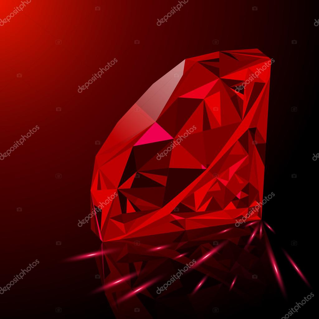 Realistic shining red ruby jewel with reflection, red glow and light sparks on gradient background. Can be used as part of logo, icon, background, web decor or other design.