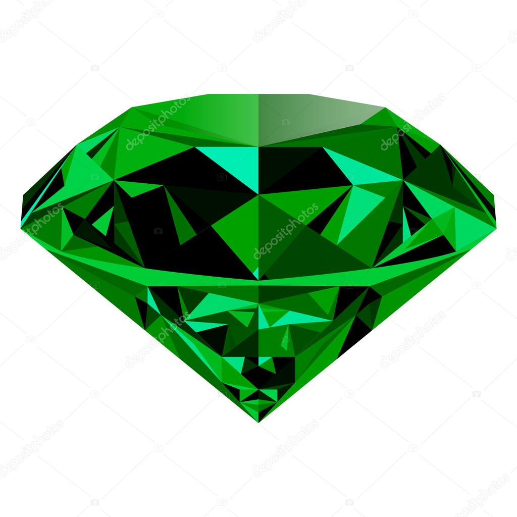 Realistic shining green emerald jewel isolated on white background. Colorful gemstone that can be used as part of logo, icon, web decor or other design.
