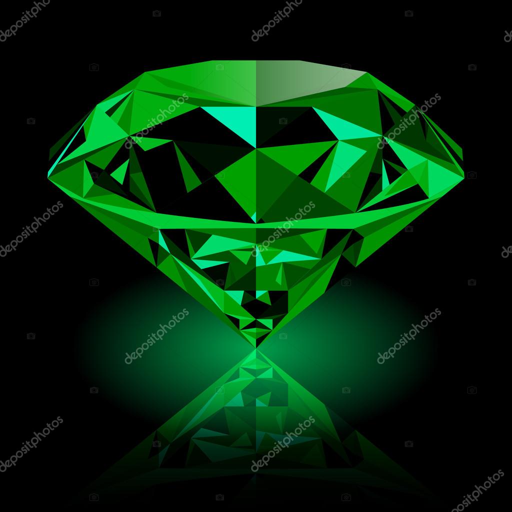 Realistic shining green emerald jewel with reflection and green glow isolated on black background. Colorful gemstone that can be used as part of logo, icon, web decor or other design.