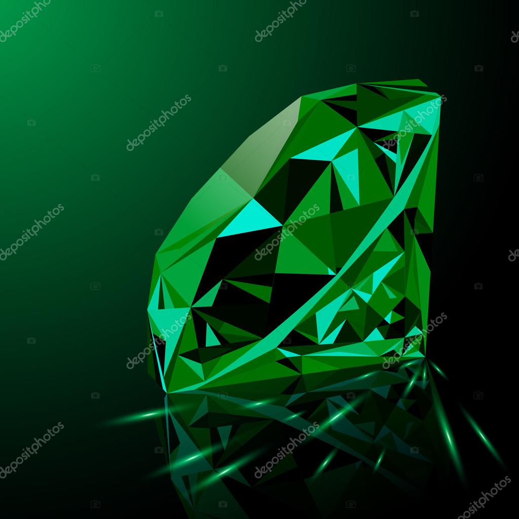 Realistic shining green emerald jewel with reflection, green glow and light sparks on gradient background. Colorful gemstone that can be used as part of logo, icon, web decor or other design.