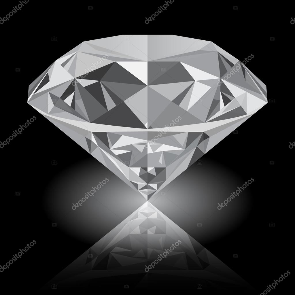 Realistic shining white diamond jewel with reflection and white glow isolated on black background. Colorful gemstone that can be used as part of logo, icon, web decor or other design.