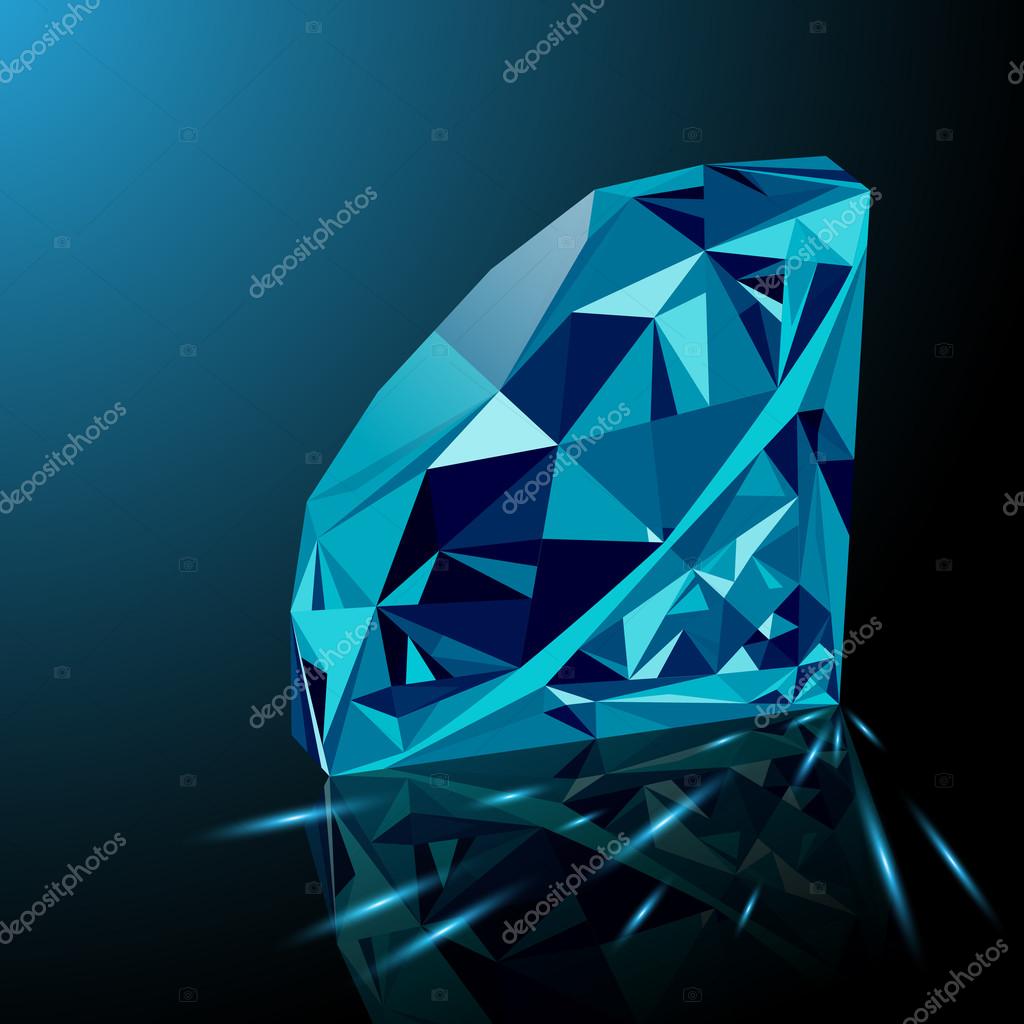 Realistic shining blue diamond jewel with reflection, blue glow and light sparks on gradient background. Colorful gemstone that can be used as part of logo, icon, web decor or other design.