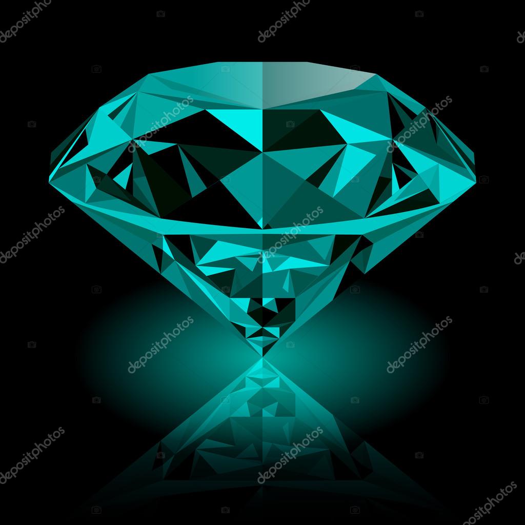 Realistic shining green emerald jewel with reflection and green glow isolated on black background. Colorful gemstone that can be used as part of logo, icon, web decor or other design.